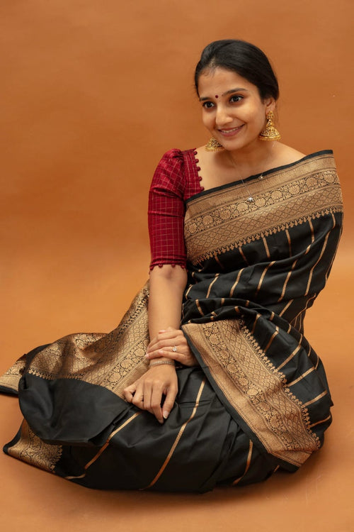 Load image into Gallery viewer, Traditional Black Soft Silk Saree With Petrichor Blouse Piece
