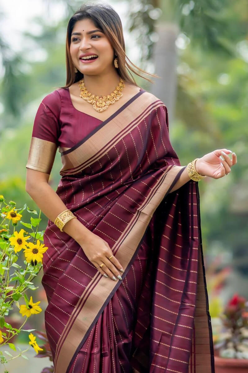 Bewitching Wine Soft Silk Saree With Fugacious Blouse Piece