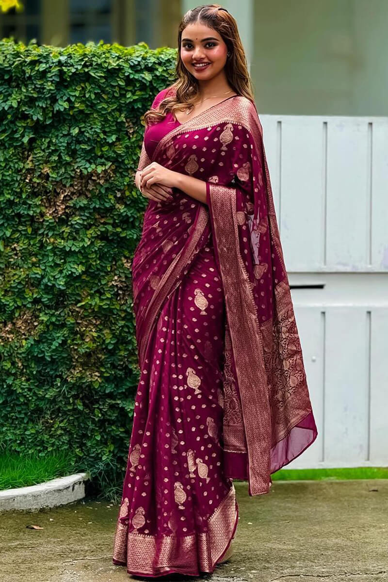 Glorious Wine Soft Silk Saree With Jazzy Blouse Piece