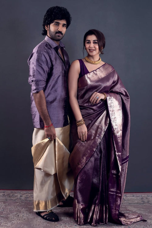 Load image into Gallery viewer, Evanescent Purple Soft Silk Saree With Brood Blouse Piece
