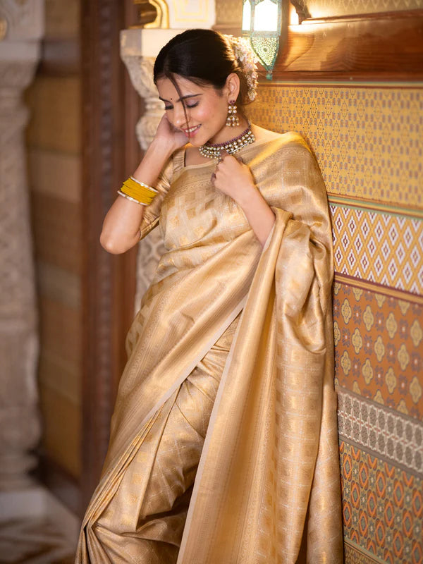 Ebullience Beige Soft Silk Saree With Ratatouille Blouse Piece