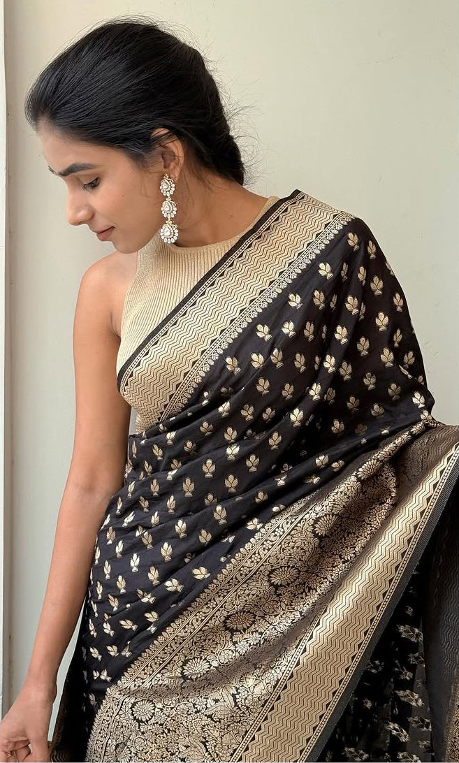 Embrocation Black Soft Silk Saree With Incredible Blouse Piece