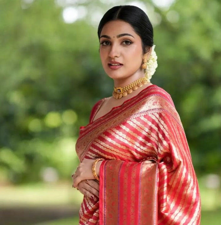 Panoply Red Soft Silk Saree With Dissemble Blouse Piece