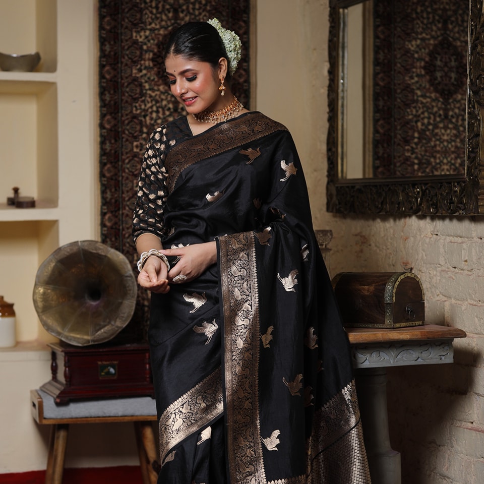 Desuetude Black Soft Silk Saree With Epiphany Blouse Piece