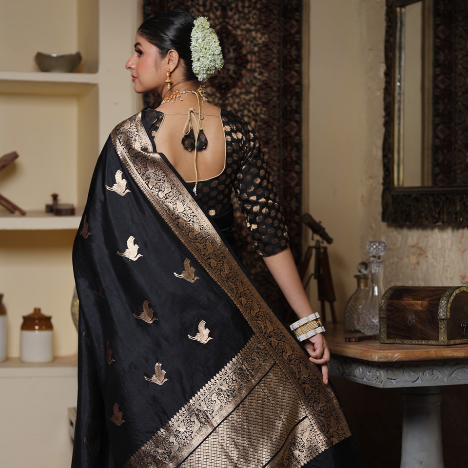 Desuetude Black Soft Silk Saree With Epiphany Blouse Piece