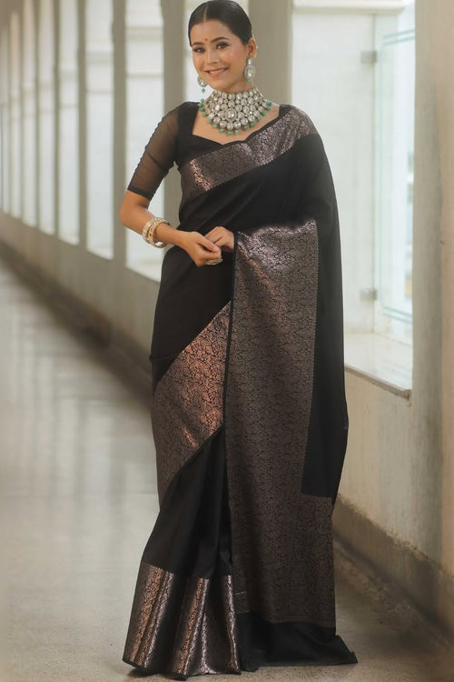 Load image into Gallery viewer, Beauteous Black Soft Silk Saree With Twirling Blouse Piece
