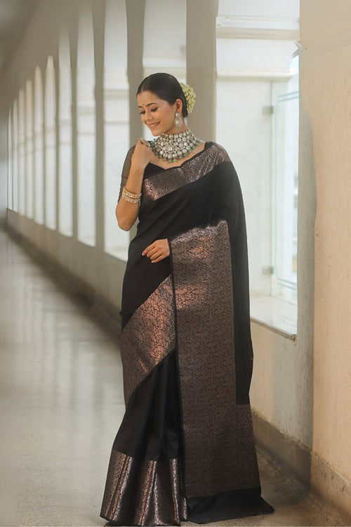 Load image into Gallery viewer, Beauteous Black Soft Silk Saree With Twirling Blouse Piece
