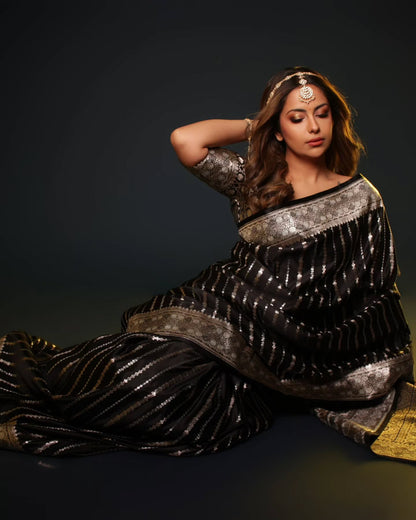 Sensational Black Soft Silk Saree With Gratifying Blouse Piece