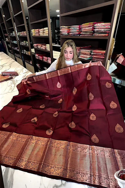 Adorable Wine Soft Silk Saree With Evocative Blouse Piece