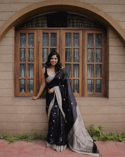 Assemblage Black Soft Silk Saree With Ebullience Blouse Piece