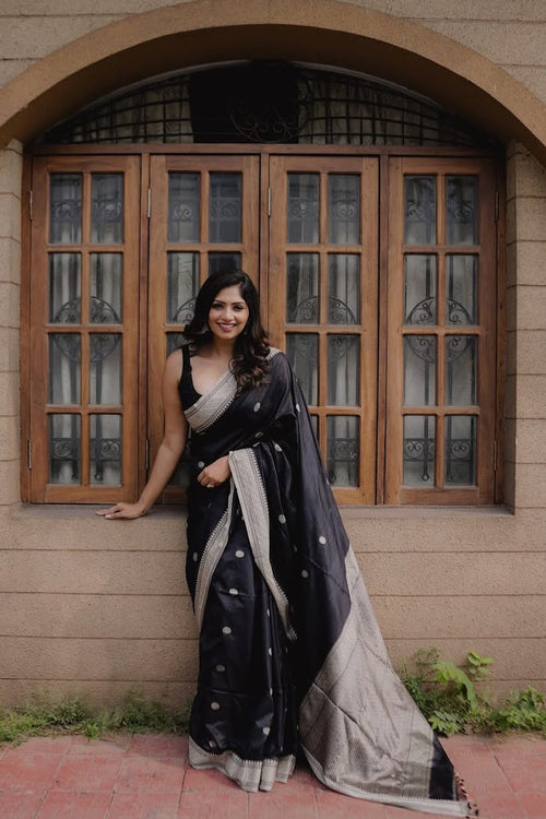 Load image into Gallery viewer, Assemblage Black Soft Silk Saree With Ebullience Blouse Piece
