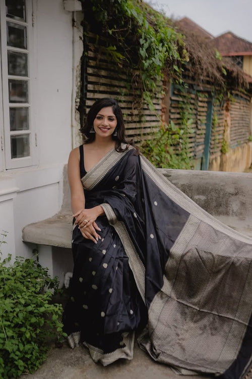 Load image into Gallery viewer, Assemblage Black Soft Silk Saree With Ebullience Blouse Piece
