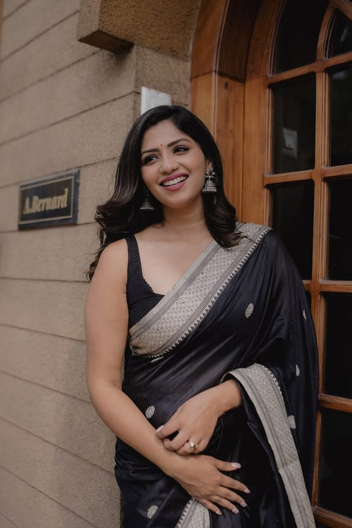 Load image into Gallery viewer, Assemblage Black Soft Silk Saree With Ebullience Blouse Piece
