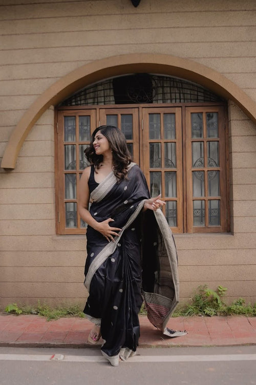 Load image into Gallery viewer, Assemblage Black Soft Silk Saree With Ebullience Blouse Piece
