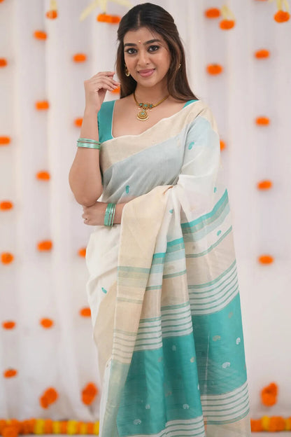 Embellished Beige Cotton Silk Saree With Ravishing Blouse Piece