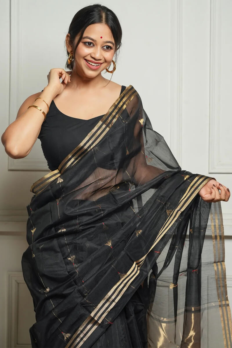 Imaginative Black Cotton Silk Saree With Desirable Blouse Piece