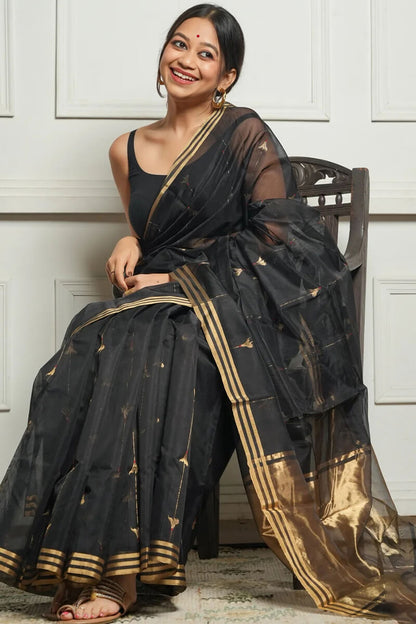 Imaginative Black Cotton Silk Saree With Desirable Blouse Piece