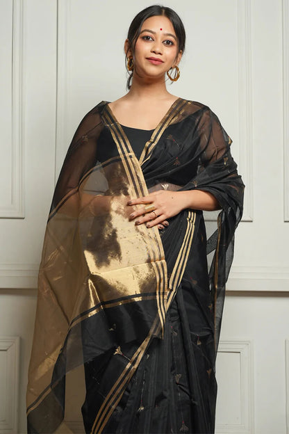 Imaginative Black Cotton Silk Saree With Desirable Blouse Piece