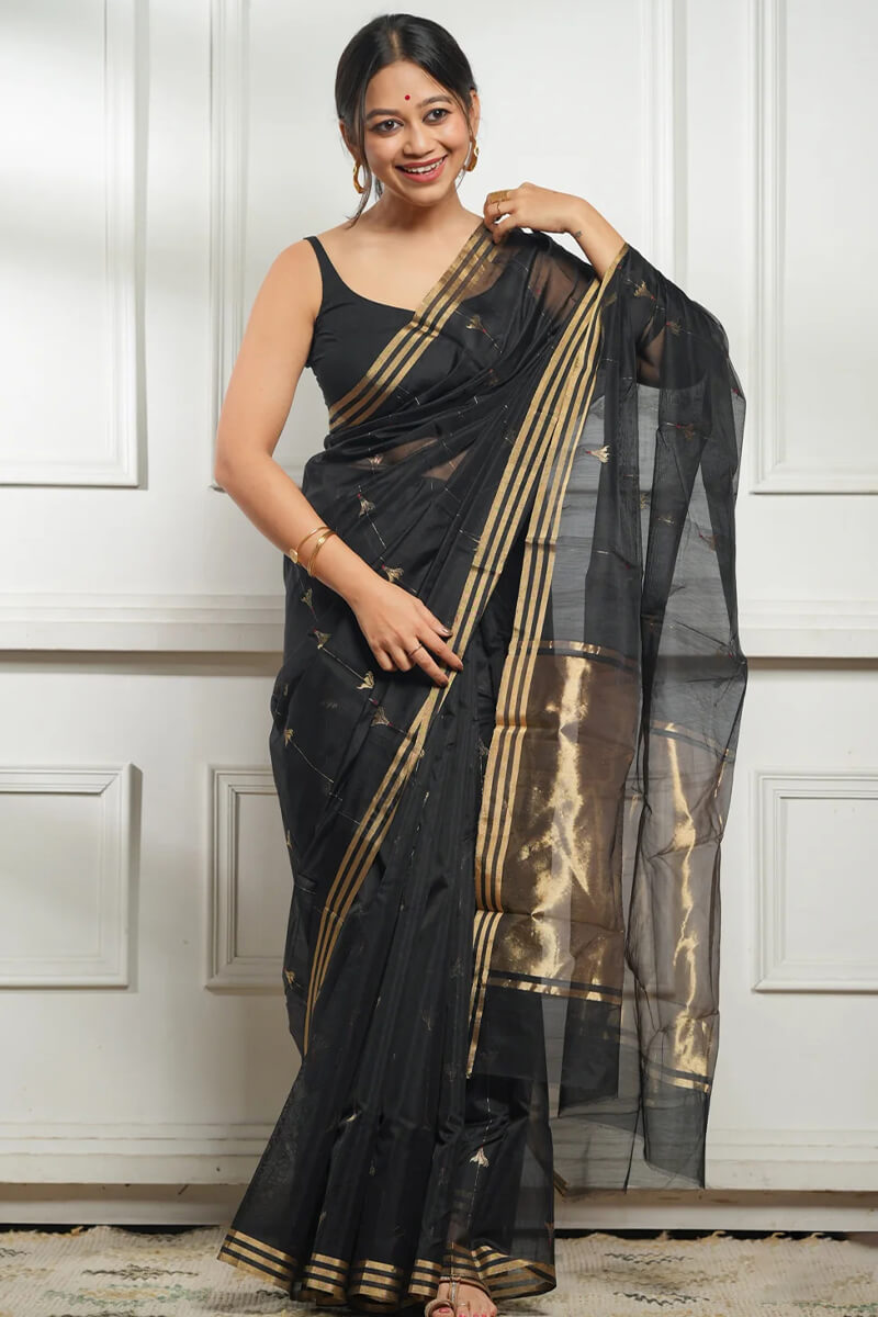 Imaginative Black Cotton Silk Saree With Desirable Blouse Piece