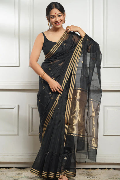 Imaginative Black Cotton Silk Saree With Desirable Blouse Piece