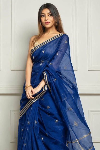 Lovely Blue Cotton Silk Saree With Epiphany Blouse Piece