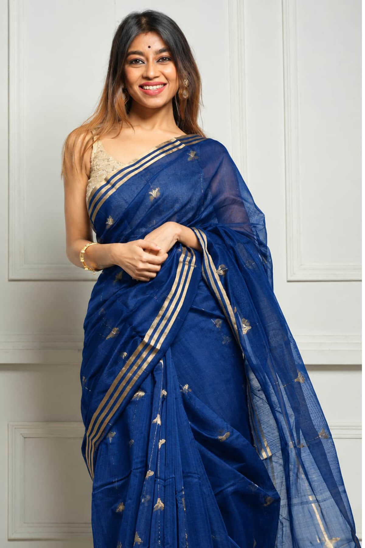 Lovely Blue Cotton Silk Saree With Epiphany Blouse Piece