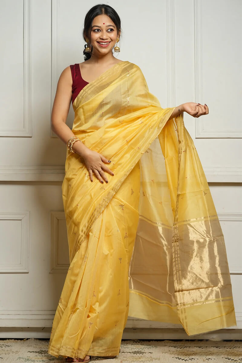 Ravishing Yellow Cotton Silk Saree With Marvellous Blouse Piece