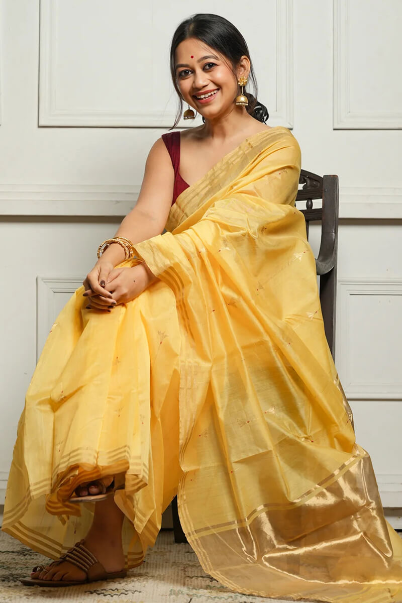 Ravishing Yellow Cotton Silk Saree With Marvellous Blouse Piece