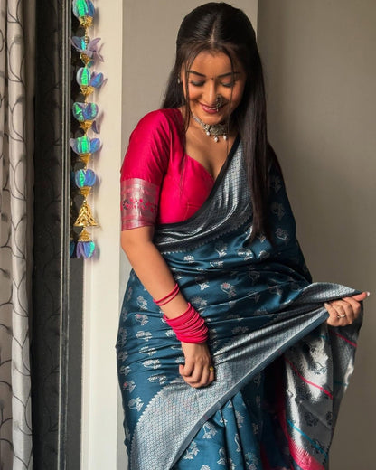 Wonderful Teal Blue Soft Silk Saree With Luminous Blouse Piece