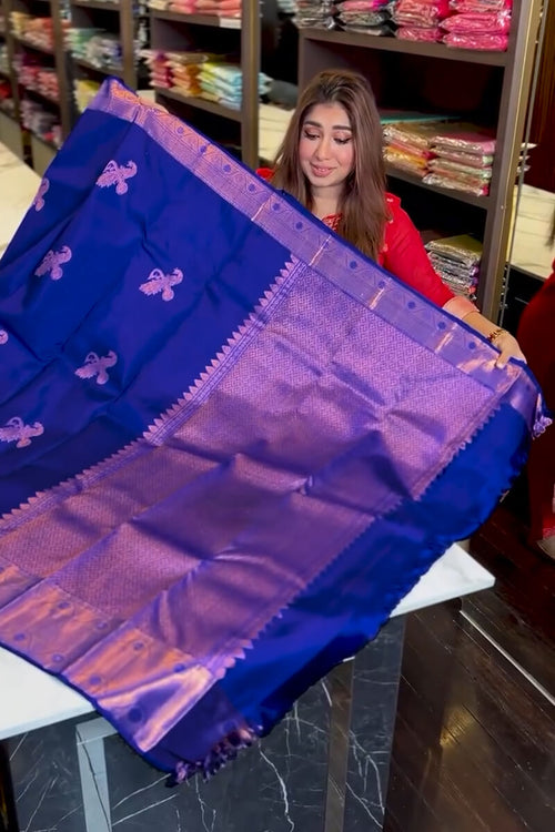 Load image into Gallery viewer, Fantabulous Royal Blue Soft Banarasi Silk Saree With Inimitable Blouse Piece
