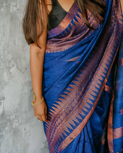 Improbable Royal Blue Cotton Silk Saree With Fragrant Blouse Piece