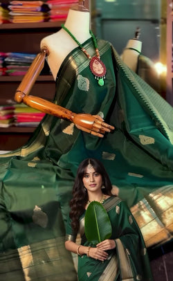 Beauteous Dark Green Soft Banarasi Silk Saree With Gleaming Blouse Piece