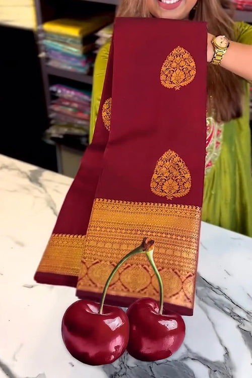 Load image into Gallery viewer, Inimitable Wine Soft Banarasi Silk Saree With Evocative Blouse Piece
