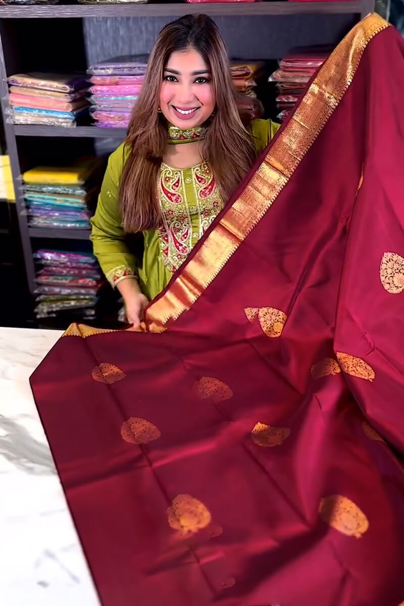 Inimitable Wine Soft Banarasi Silk Saree With Evocative Blouse Piece