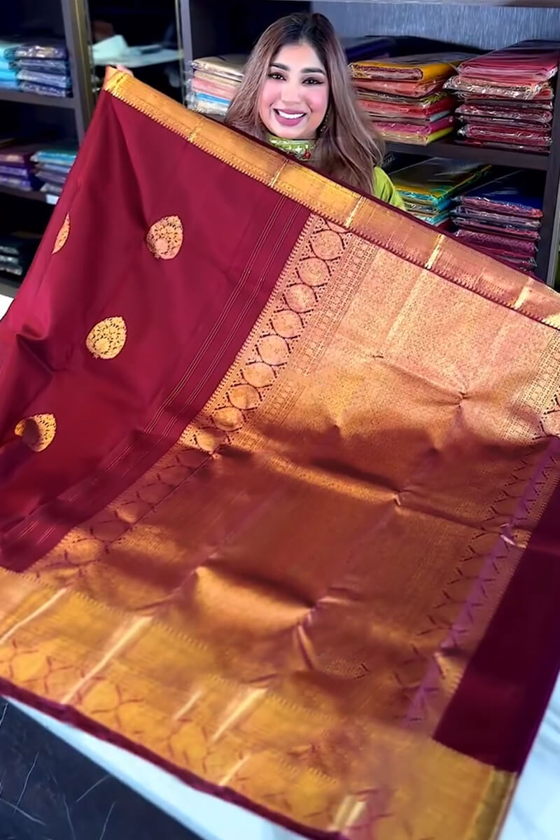 Inimitable Wine Soft Banarasi Silk Saree With Evocative Blouse Piece