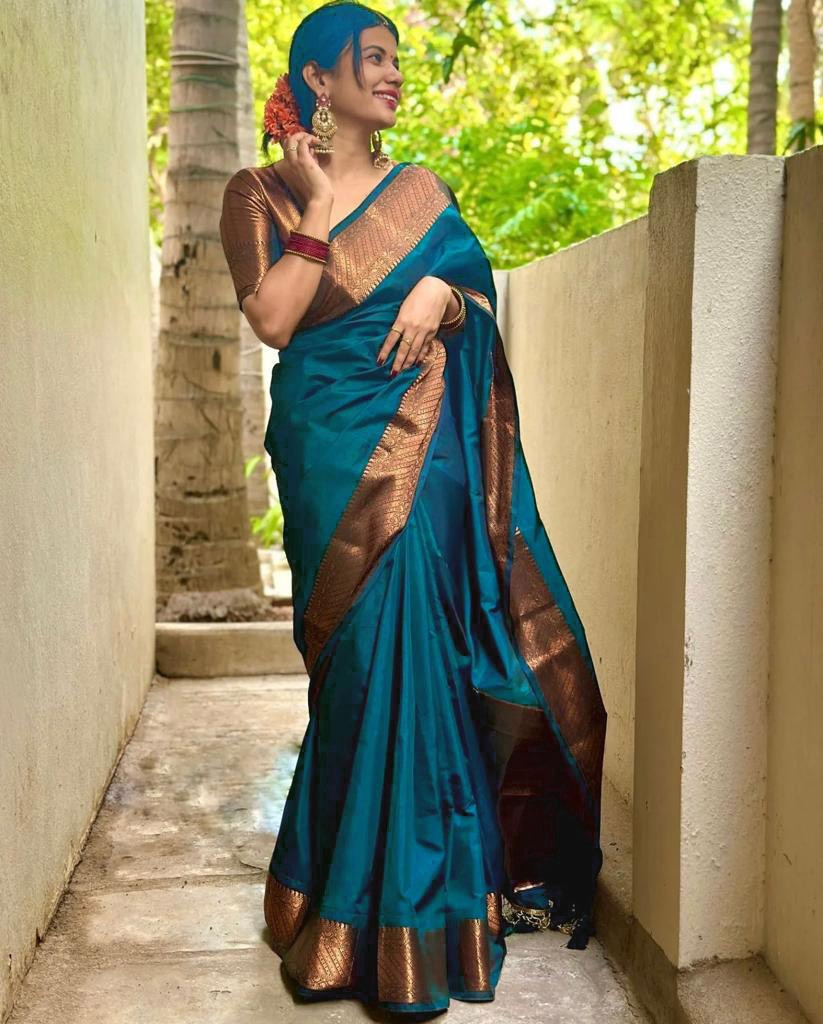 Twirling Rama Soft Silk Saree With Ebullience Blouse Piece