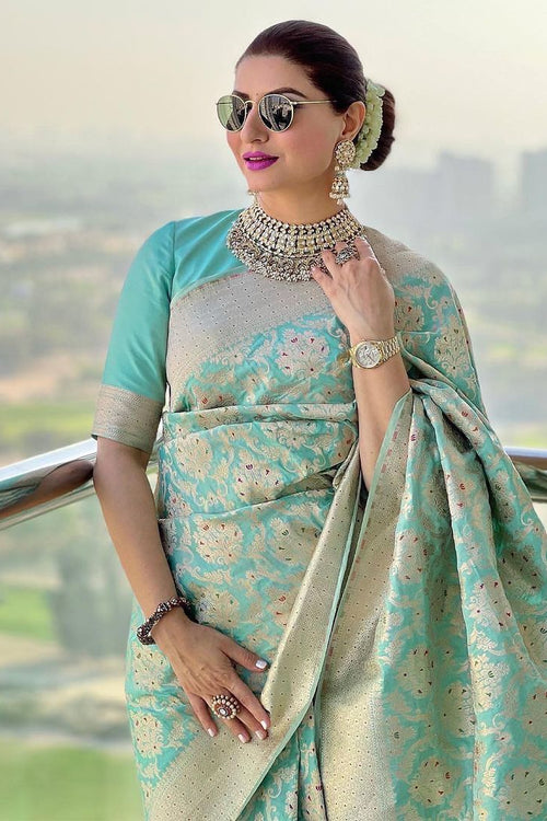 Load image into Gallery viewer, Propinquity Sea Green Soft Silk Saree With Gossamer Blouse Piece
