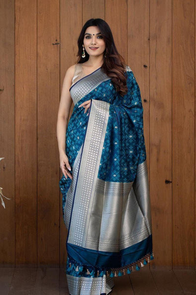Diaphanous Teal Blue Soft Silk Saree With Elision Blouse Piece
