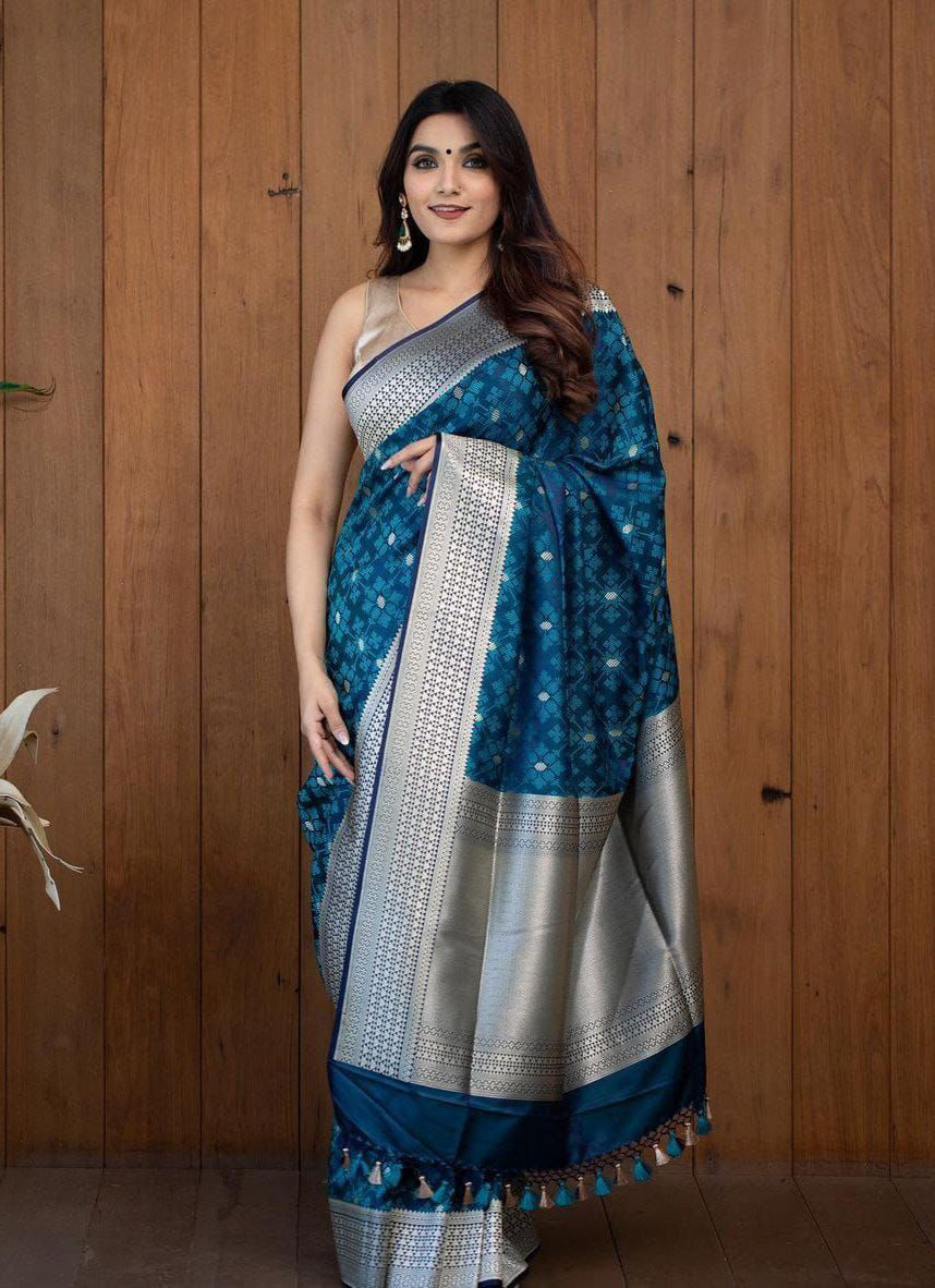 Diaphanous Teal Blue Soft Silk Saree With Elision Blouse Piece