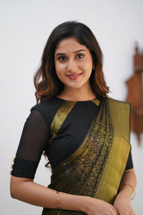Load image into Gallery viewer, Magnetic Black Soft Silk Saree With Palimpsest Blouse Piece
