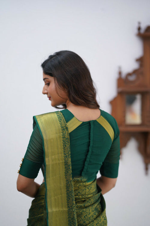 Load image into Gallery viewer, Gossamer Dark Green Soft Silk Saree With Diaphanous Blouse Piece
