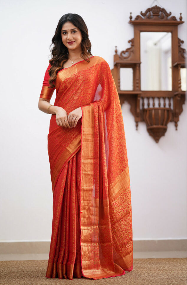 Traditional Red Soft Silk Saree With Fancifull Blouse Piece