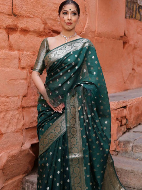 Load image into Gallery viewer, Assemblage Green Soft Silk Saree With Gossamer Blouse Piece
