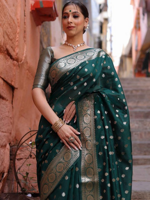 Load image into Gallery viewer, Assemblage Green Soft Silk Saree With Gossamer Blouse Piece
