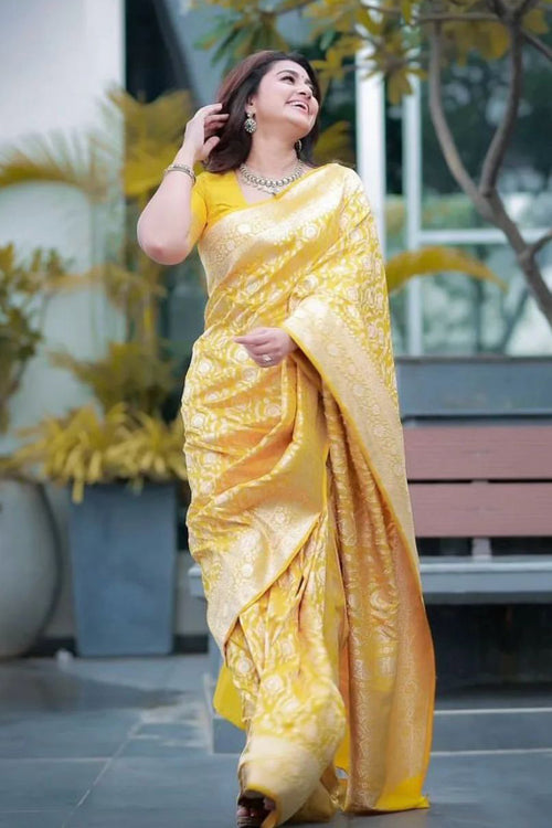 Load image into Gallery viewer, Jazzy Yellow Soft Silk Saree With Embellished Blouse Piece
