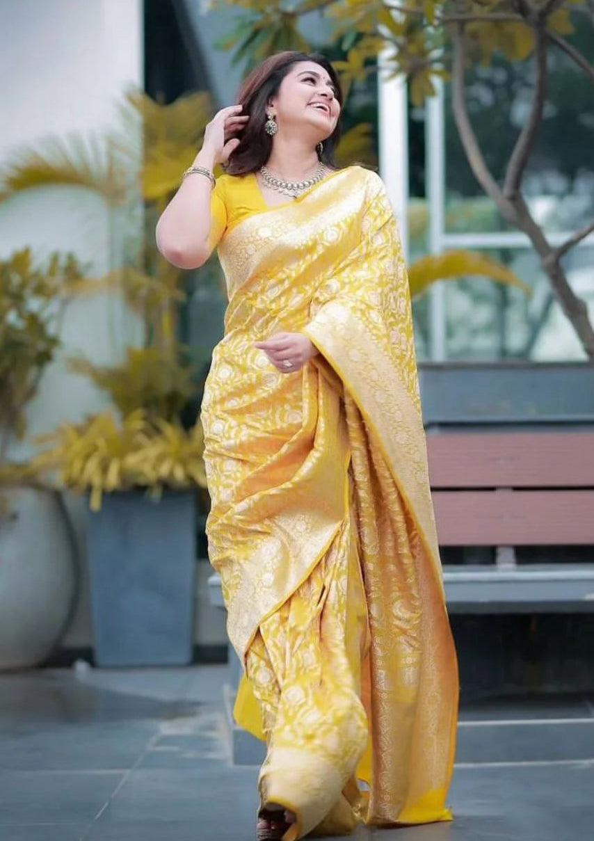 Jazzy Yellow Soft Silk Saree With Embellished Blouse Piece