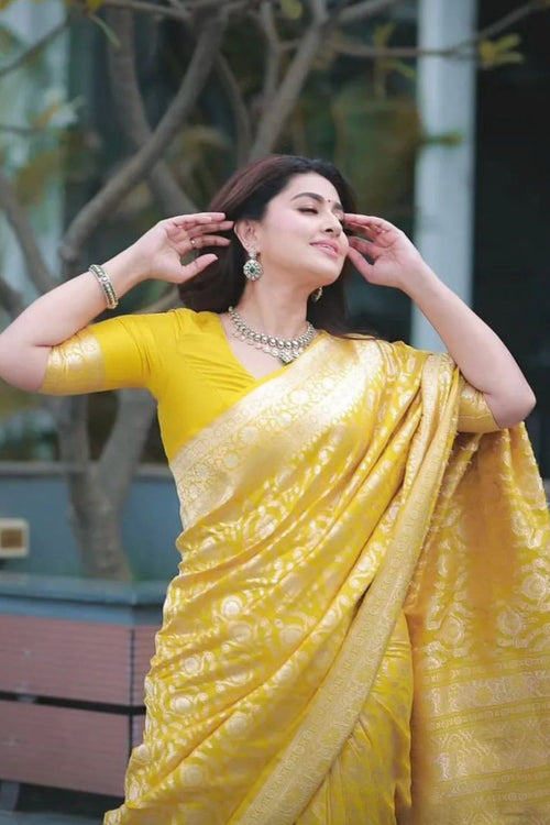 Load image into Gallery viewer, Jazzy Yellow Soft Silk Saree With Embellished Blouse Piece
