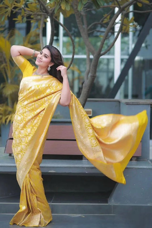 Load image into Gallery viewer, Jazzy Yellow Soft Silk Saree With Embellished Blouse Piece
