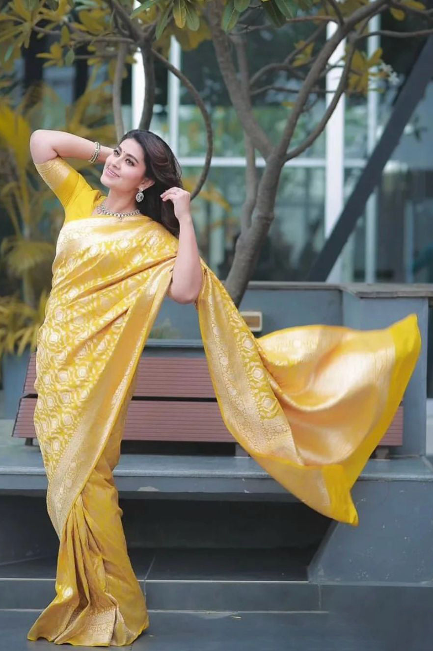 Jazzy Yellow Soft Silk Saree With Embellished Blouse Piece