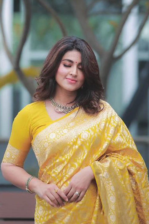 Load image into Gallery viewer, Jazzy Yellow Soft Silk Saree With Embellished Blouse Piece
